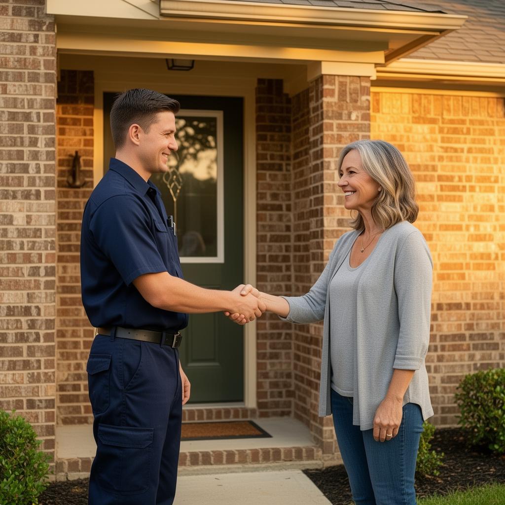 PipePilot plumber shaking hands with a Houston homeowner at the front door